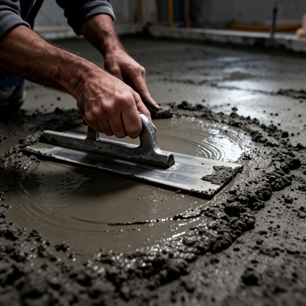 Hands troweling fresh concrete